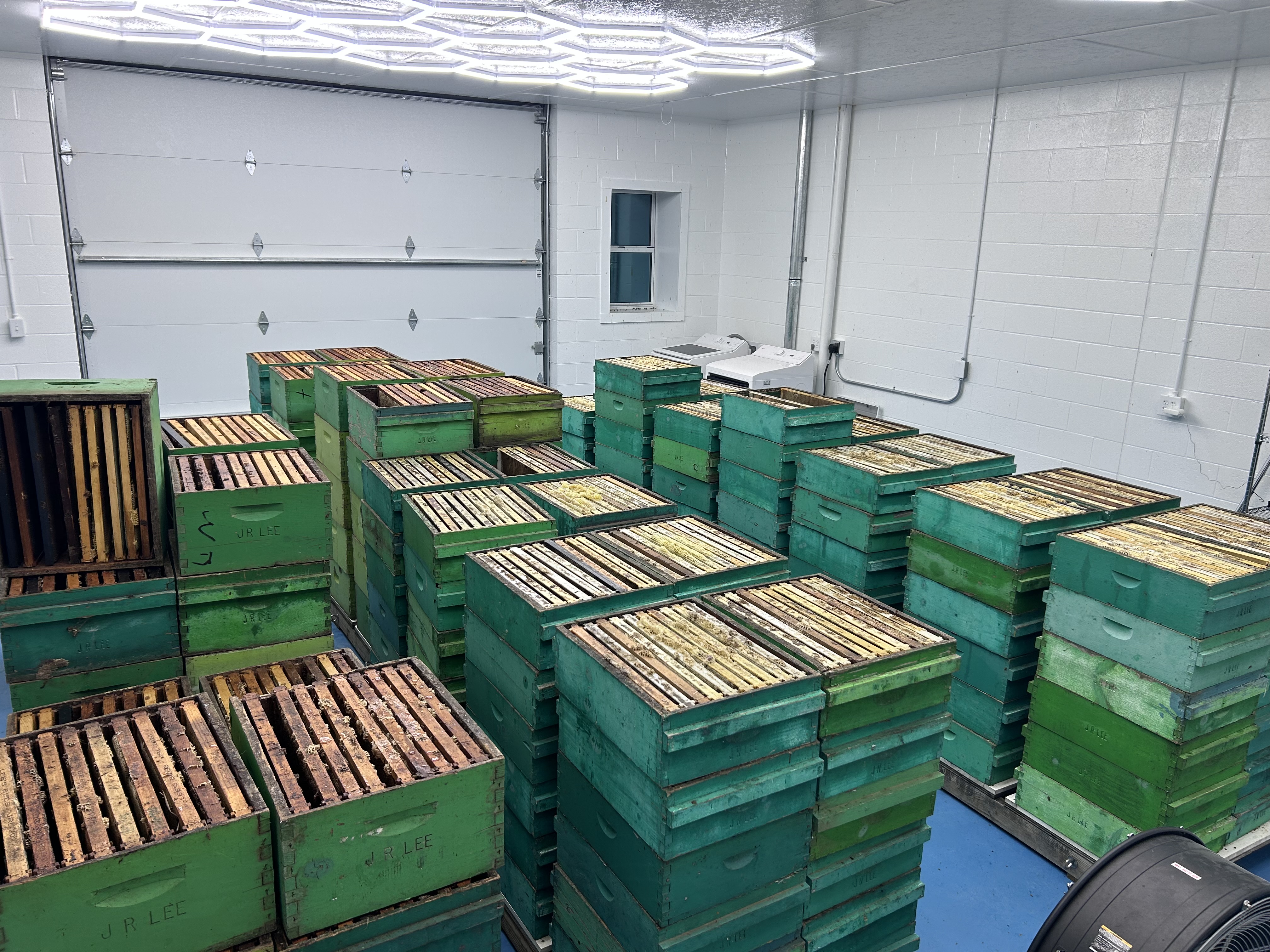 Stacked honey boxes and frames ready for extraction in the honey house