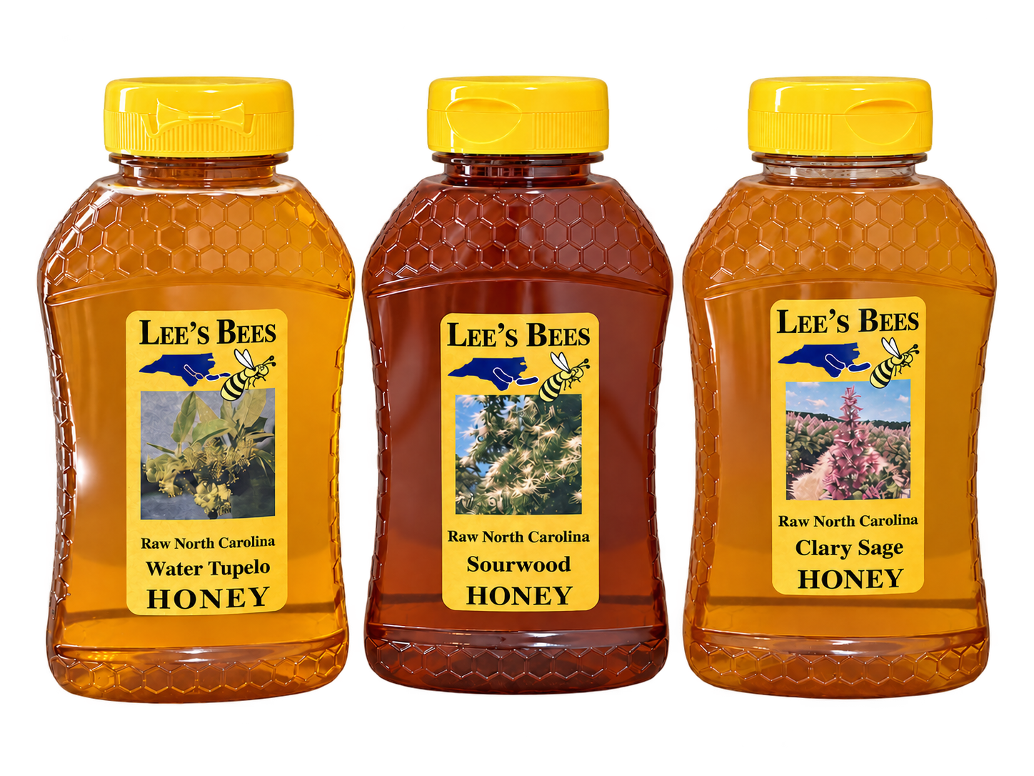 Lee's Bees Water Tupelo, Sourwood, and Clary Sage honey in 16 ounce plastic jars