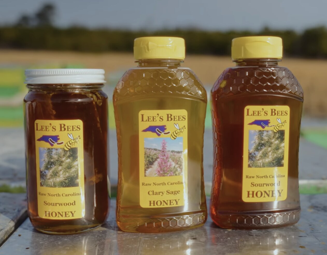 Three jars of Lee's Bees raw North Carolina honey: Sourwood, Clary Sage, and Sourwood