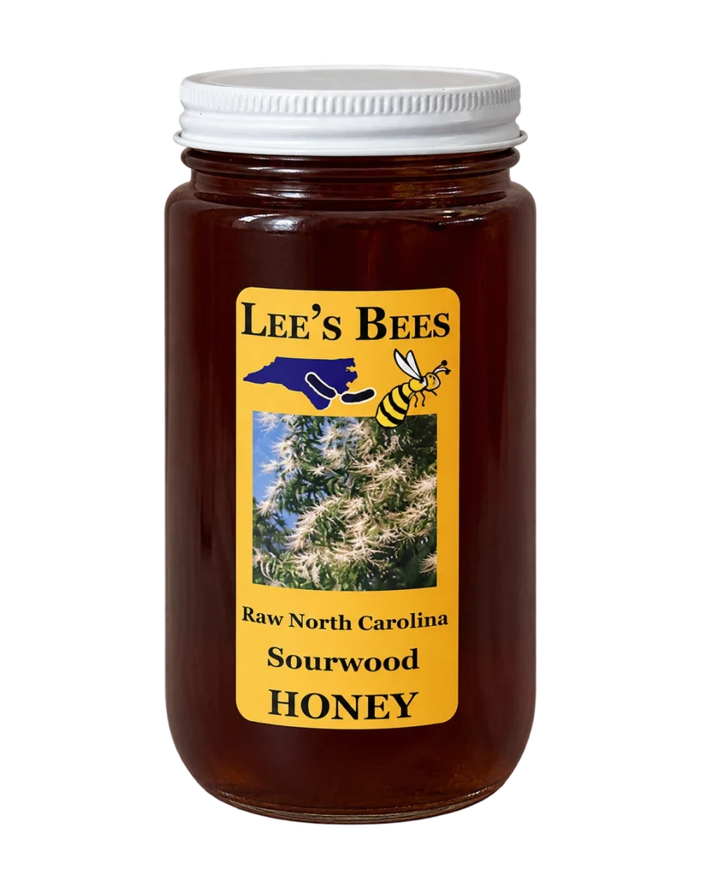 Front view of a jar of Lee's Bees Sourwood Honey with Comb